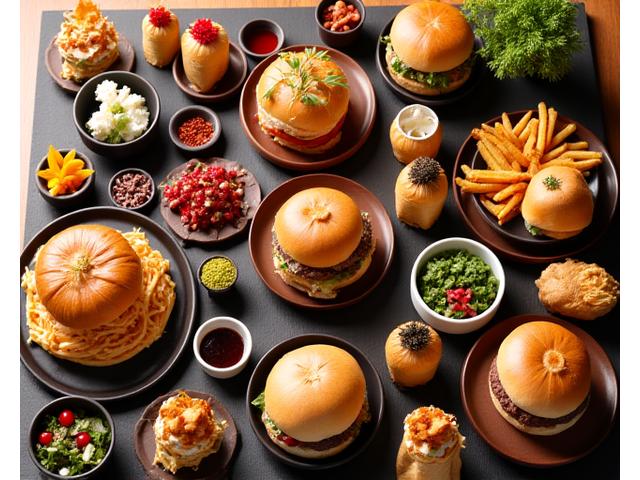 豪華なケータリングスプレッド、テーブルに美しく並べられたバーガーとサイド料理