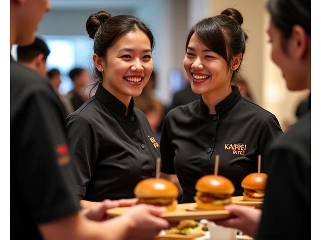 プロのケータリングスタッフが笑顔でゲストにバーガーを提供する