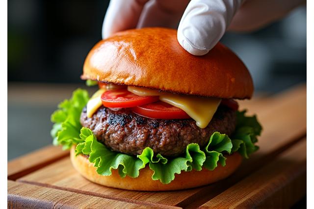 完璧に焼き上げられたジューシーなパティと新鮮な野菜で構成されたグルメバーガー