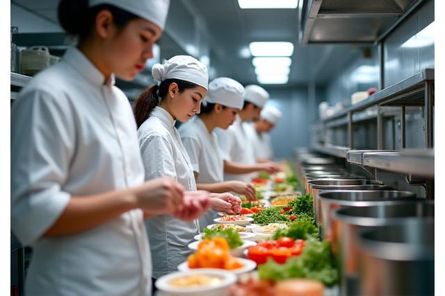 Kanrei Bitesの清潔でモダンなオープンキッチンで働くシェフたち